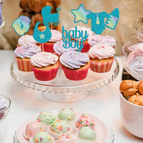 Miniatura 4 de Gyufise 28 piezas de decoración para cupcakes para baby shower de niño, estrella con purpurina azul, con estampado de pezón para bebé, niño, Oro