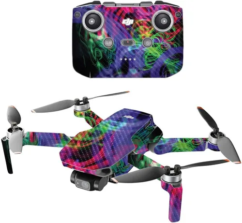 Mighty Skins Fibra de carbono compatible con el dron portátil DJI Mini 2, salpicaduras de neón, acabado de fibra de carbono texturizado protector,