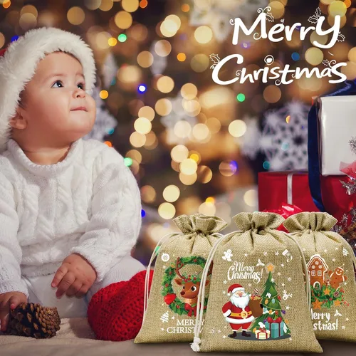 Miniatura 9 de FLOE 24 Bolsas de Regalo de Arpillera Navideñas con Cordón, Bolsas de Lino Navideñas de 6x8 pulgadas con Etiqueta, Bolsa de Regalo Pequeña de Yute