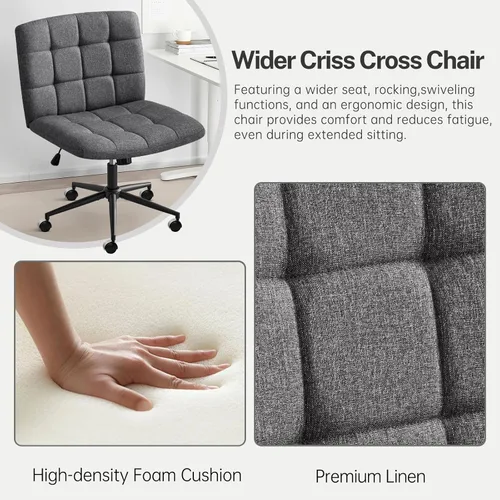 Miniatura 6 de Furniliving Silla de escritorio de oficina sin brazos, silla giratoria acolchada de tela de lino, silla de oficina ajustable en casa con ruedas