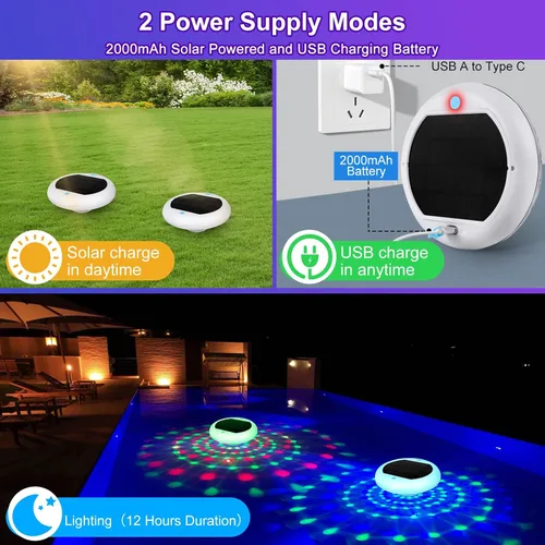 Miniatura 3 de TEPENAR Luces flotantes solares y recargables 2 en 1: luces de piscina de 6.7 "que flotan 6 modos dinámicos con control remoto IP68 impermeable