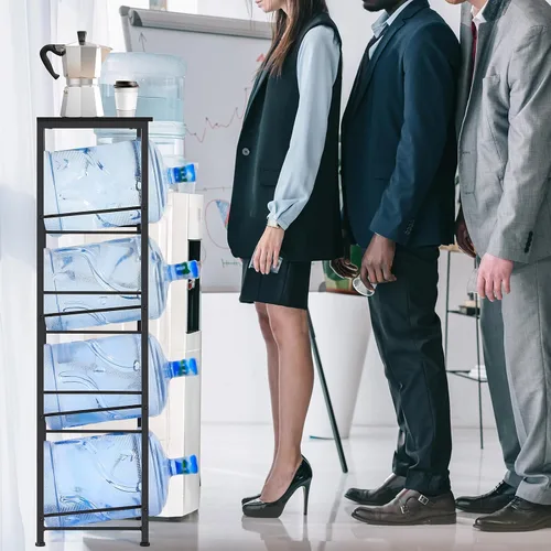 Miniatura 5 de MOOACE Estante para jarra de agua de 4 niveles, organizador de 5 galones con estantes de almacenamiento, color negro