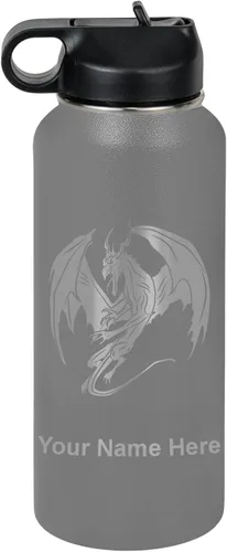 Miniatura 48 de LaserGram Botella de agua con tapa abatible de doble pared de 12 onzas con pajilla, dragón, grabado personalizado incluido (negro)