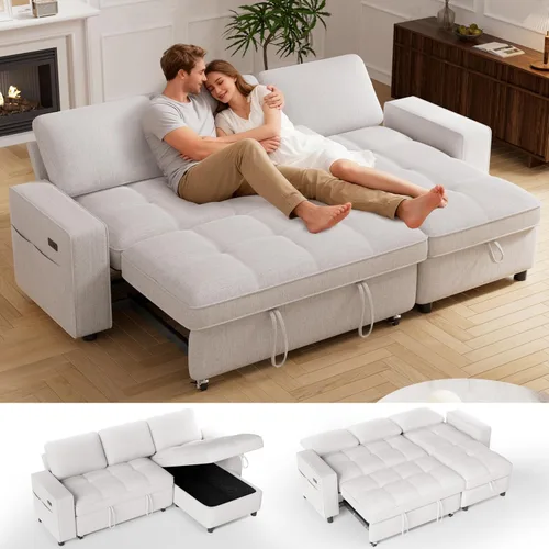 Vipbear Sofá Seccional Cama de 81" con Cama Extraíble, Sofá Cama en Forma de L, Sofá Extraíble con Respaldo Reclinable, Chaise de Almacenamiento