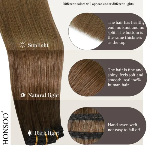 Miniatura 4 de Honsoo Extensiones de cabello humano real de color marrón con pinzas, marrón castaño, 15 pulgadas, 70 g, 7 unidades, cabello lacio sedoso y marrón