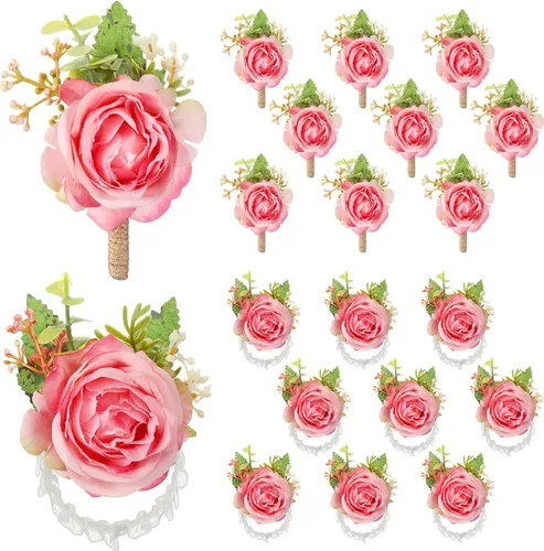 Miniatura 12 de Sherr Juego de 20 ramilletes de rosas y boutonniere, ramillete de muñeca de flores, pulsera de pulsera para novio y hombre, boutonniere de boda