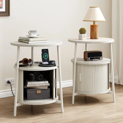 Miniatura 10 de ONBRILL Mesa auxiliar redonda con almacenamiento, mesita de noche acanalada con estación de carga, pequeñas mesas de noche modernas de mediados