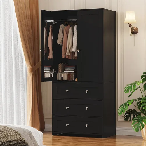 VOWNER Armario Clóset con Cajones y Espejo, Gabinete de Almacenamiento de Ropa de 71" con Barra Colgante, Armario de Dos Puertas de Madera para