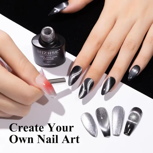 Miniatura 6 de MIZHSE Esmalte de uñas en gel 9D de ojo de gato, esmalte en gel magnético plateado con barra magnética, efecto galaxia mágico con destellos y brillo