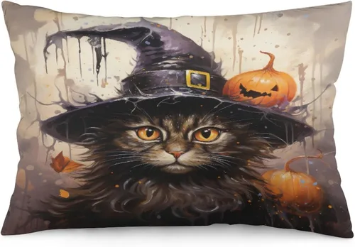 Miniatura 19 de Funda de almohada con sombrero de bruja con diseño de gato de 20 x 30 pulgadas, diseño de impresión de doble cara con cremallera invisible, Patrón 8
