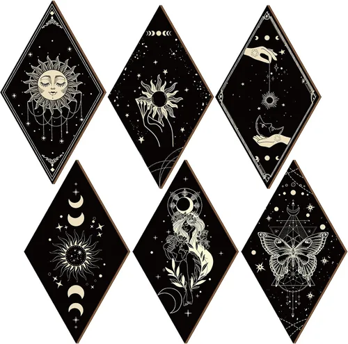 Sintuff 6 piezas de decoración gótica de pared, estilo bohemio, sol y luna, fases artísticas góticas minimalistas, estrellas colgantes de madera,