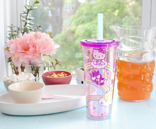 Miniatura 5 de Silver Buffalo Sanrio Hello Kitty and Friends - Vaso de plástico Boba con tapa y popote con Hello Kitty, Cinnamorroll, Kuromi, My Melody, Badtz