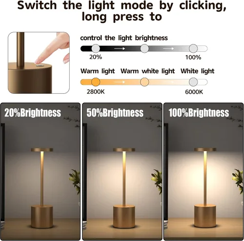 Miniatura 2 de Pack de 2 lámparas de mesa inalámbricas, lámpara de escritorio recargable con batería LED de 5000 mAh, metálica, USB, portátil, lámpara de mesa