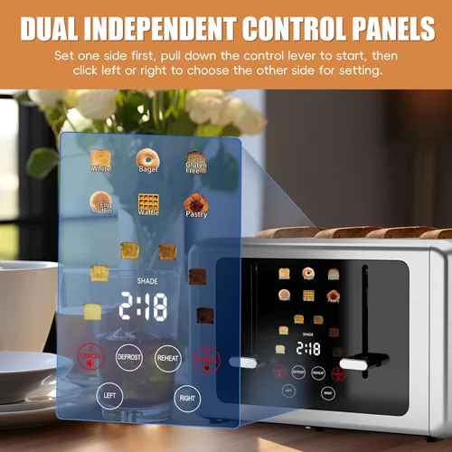 Miniatura 2 de WUNLY Tostadora de 4 rebanadas, pantalla táctil y panel de control independiente dual, 5 funciones básicas y tostadoras con cuenta regresiva