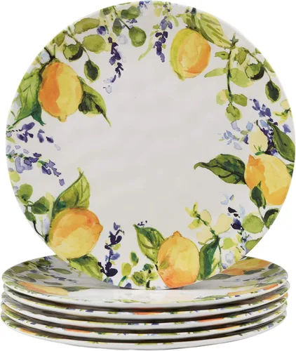 Lemon Zest - Juego de 6 platos llanos de melamina, platos irrompibles para exteriores para cenar en el patio, fiestas de jardín, barbacoas,