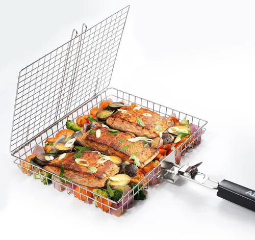 Miniatura 7 de AIGMM herramienta de malla de acero inoxidable portátil, para asar a la parrilla pescado, vegetales, carne, camarones, costillitas, y mucho mas.