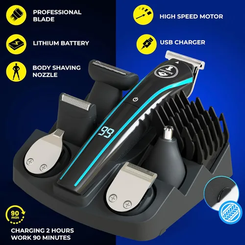 Miniatura 3 de MANECODE® Cortadora de barba y cabello para hombres – Self-Sharp Blades® USB-C, impermeable, pantalla LED, kit de aseo múltiple