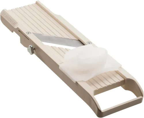 Benriner Cortadora de mandolina con 4 cuchillas, acero inoxidable japonés, sin BPA, 12.75 x 3.625 pulgadas, color beige