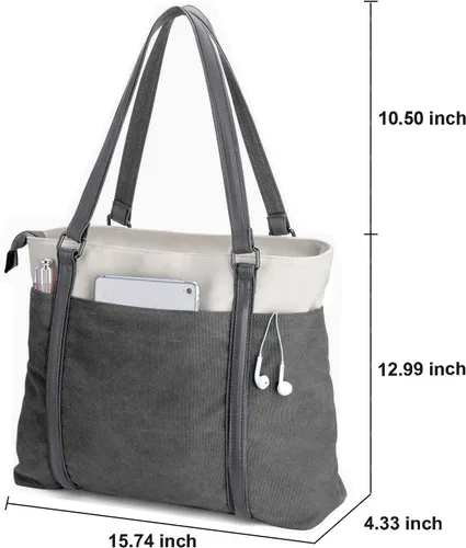 Miniatura 4 de Laptop Tote Bag for Women, 15.6 Inch Work Bag with Laptop Compartment and Zipper, Canvas Computer Tote for Teacher Grisoscuro