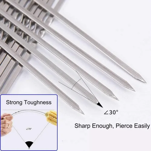 Miniatura 6 de Juego de 12 brochetas de metal plano para barbacoa de 14 pulgadas de largo, de acero inoxidable, para carne, camarones, pollo, verduras, 12