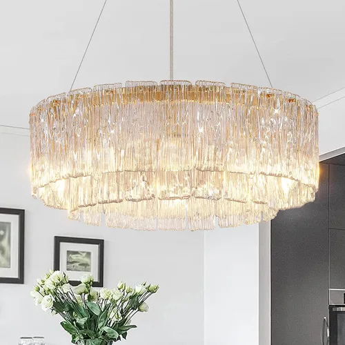 Miniatura 16 de CATINER Candelabro de cristal de 20 pulgadas, moderno, 6 luces, lámparas de tambor dorado, iluminación colgante de techo de lujo para entrada