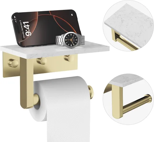 Miniatura 9 de Soporte de papel higiénico dorado cepillado con estante de mármol, soporte de mano de papel higiénico de acero inoxidable 304 montado en la pared