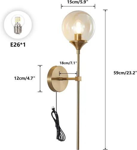 Miniatura 2 de KCO Lighting Mid-Century - Juego de 2 apliques de pared con cable de cristal dorado, lámparas de pared modernas industriales de brazo largo