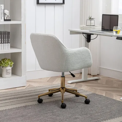Miniatura 7 de Silla de escritorio esponjosa, silla de tocador de piel sintética blanca, silla giratoria de oficina para niñas y mujeres, altura ajustable, lindas