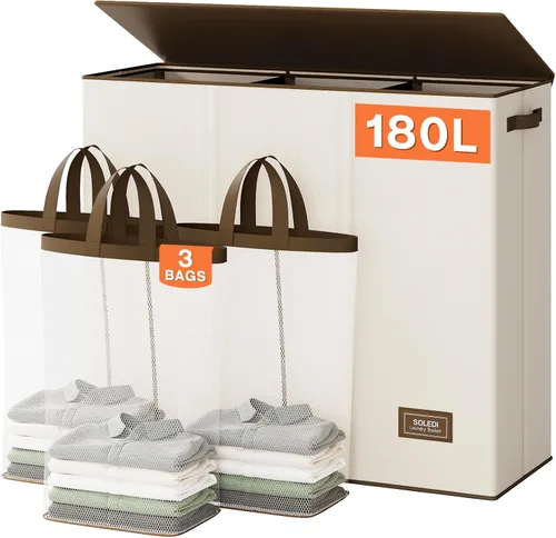 Miniatura 24 de SOLEDI Cesta de ropa sucia de 180L de 3 secciones, cesta de ropa sucia extra grande con tapa, cesta de ropa sucia con asa resistente, organizador