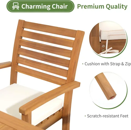 Miniatura 5 de OC Orange-Casual Juego de 2 sillas de comedor apilables para patio, sillas de madera de acacia para exteriores con reposabrazos y cojín de tela Beige