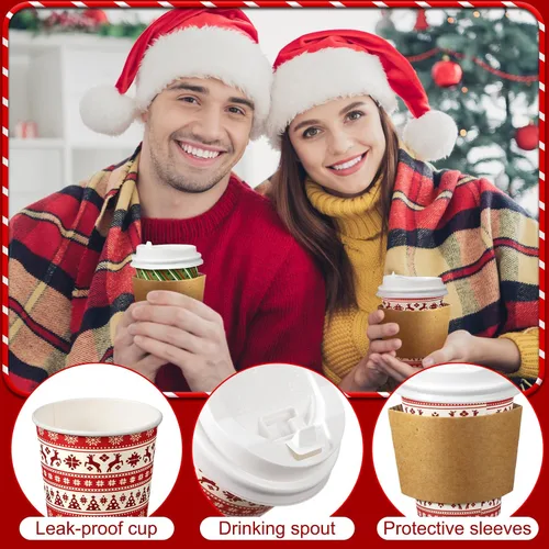 Miniatura 3 de Zhehao 90 piezas/30 juegos de tazas de café de papel navideñas con tapas y fundas, tazas de papel desechables para cacao caliente y fiestas