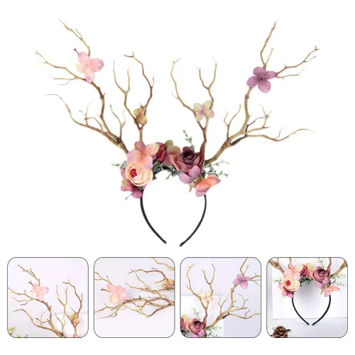 Miniatura 5 de Minkissy Diadema de cornamenta de ciervo, diadema de cuernos de reno de Navidad, diadema de ramas de árbol, tocado para el cabello, accesorios