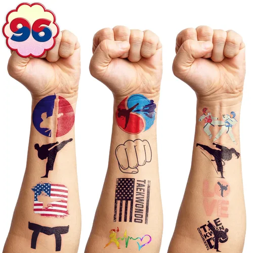 Miniatura 9 de 96 tatuajes temporales precortados de Taekwondo - Recuerdos de fiesta temática de karate y kung fu, lindos tatuajes falsos para niños, niños