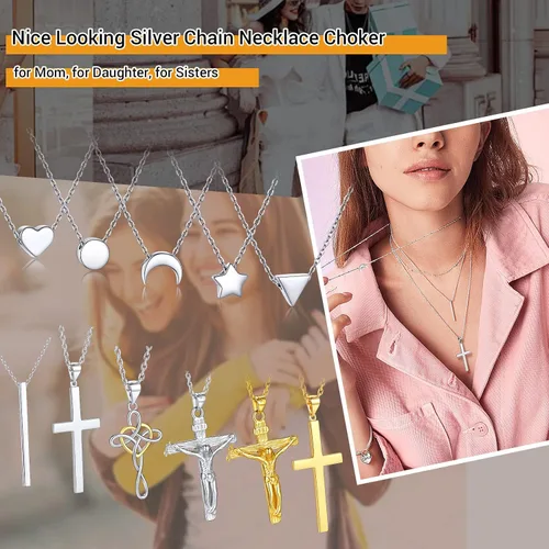 Miniatura 6 de PROSILVER Collar delicado de plata de ley 925 para mujer, corazón, cruz, redondo, estrella, luna, triángulovertical, 16 a 18 pulgadas ajustable