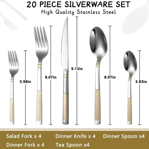 Miniatura 2 de Juego de cubiertos de acero inoxidable de 20 piezas para 4 utensilios de cocina, incluye tenedores, cucharas, cuchillos para el hogar, restaurante