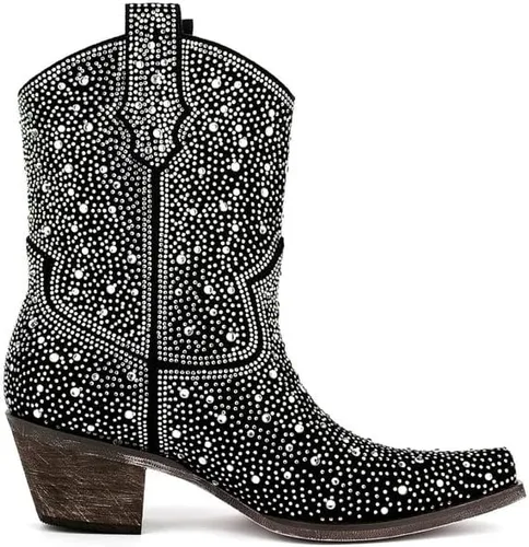 Miniatura 3 de sexytag Botas vaqueras brillantes con diamantes de imitación para mujer, tacón bajo y grueso, punta cuadrada, botines de meter