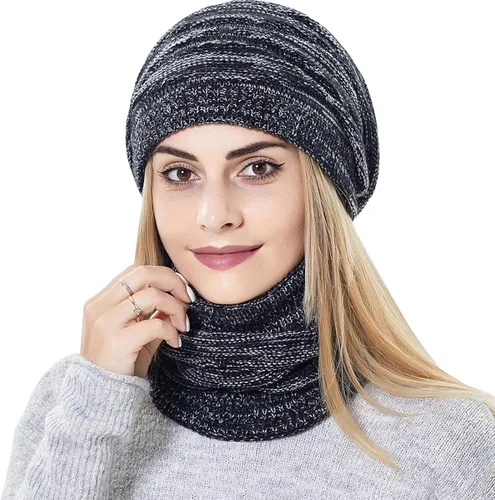 Miniatura 3 de Conjunto de gorro y bufanda para mujer de punto cálido gorro de esquí de invierno con forro polar