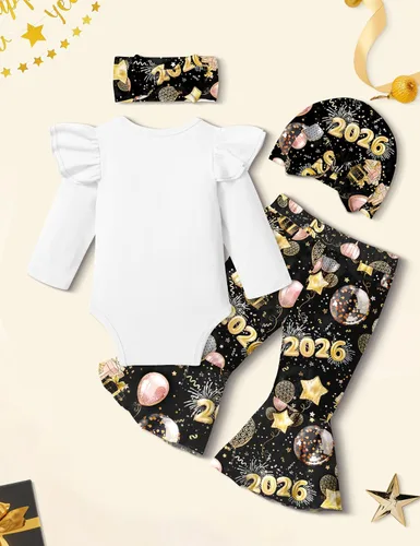Miniatura 30 de Ropa de bebé niña, 4 piezas, trajes de niña recién nacida, con volantes, mameluco de campana para bebé, diadema, bandana, conjuntos de ropa, regalos
