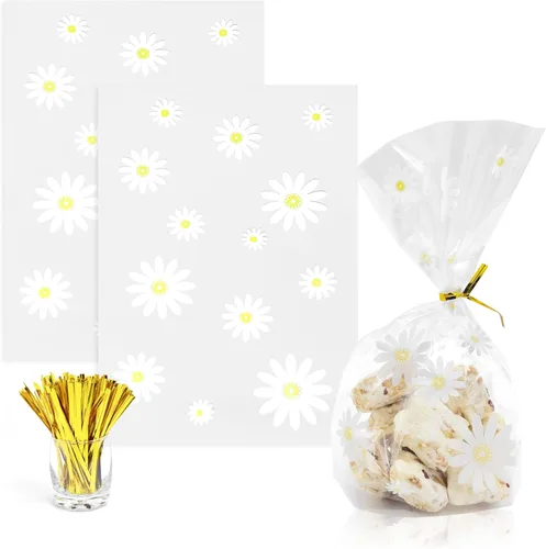 souG 100 bolsas de celofán con fuelle pequeñas de margaritas blancas (tamaño 5.9 x 9 x 2 pulgadas con lazos dorados, la mejor bolsa con fuelle para