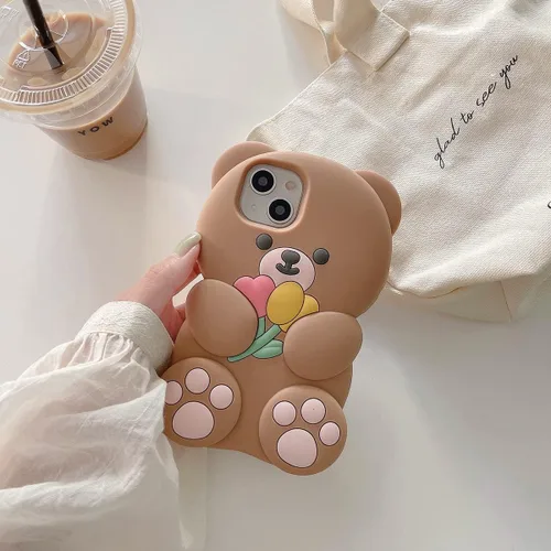 Miniatura 2 de Fundas para teléfono Kawaii compatibles con iPhone 13 Pro Max, linda funda de silicona suave 3D con diseño de oso de flores de dibujos animados