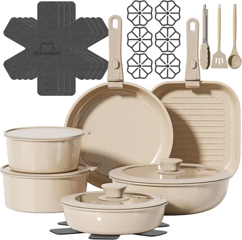 Miniatura 10 de Juego de 23 piezas de ollas y sartenes antiadherentes, juego de utensilios de cocina de cerámica no tóxicos con asas desmontables, utensilios