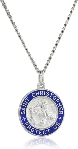 Amazon Essentials Collar con colgante de medalla redonda de San Cristóbal de plata de ley con borde epoxi azul y cadena de acero inoxidable chapada