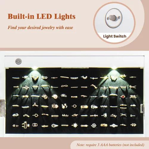 Miniatura 14 de Giantex Armario de joyería para puerta de pared con espejo de longitud completa, 2 LED con cerradura grande organizador de joyas con espejo ancho