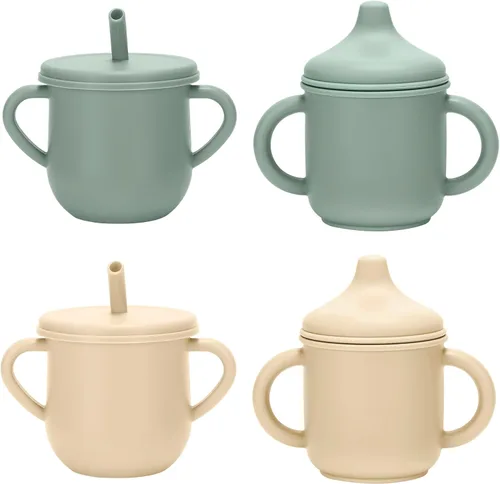 Miniatura 8 de Juego de tazas de silicona para niños pequeños, 2 tazas con popote y 2 tazas para bebés de 6 meses, tazas de entrenamiento a prueba de derrames a