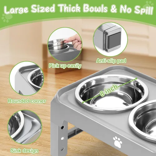 Miniatura 4 de Soporte elevado para cuenco para perros con 2 cuencos de acero inoxidable, altura ajustable para perros medianos y grandes, comedero plegable de Gris