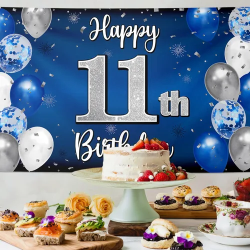 Miniatura 4 de Decoraciones de Feliz 11º Cumpleaños, Globo Azul y Plateado Grande Pancarta de Fondo de Cumpleaños, Brindemos por Once Años Suministros de Fiesta