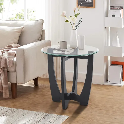 Miniatura 2 de LKTART Mesa auxiliar de vidrio, mesas auxiliares redondas de 23.5 pulgadas con superficie de vidrio templado cruzado y base de madera maciza, mesita