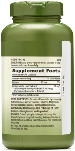 Miniatura 2 de GNC Herbal Plus Ginkgo Biloba 60mg Suplemento, Vegetariano, Apoya la agudeza mental, 300 porciones