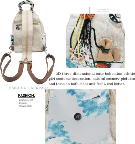 Miniatura 147 de HUANGGUOSHU Mochila de algodón tejida de algodón bohemio con bordado de lona estilo bohemio con múltiples bolsillos retro linda mochila cartera