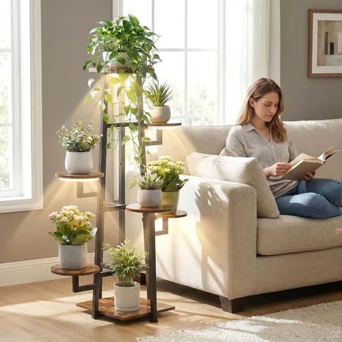 Miniatura 2 de Soporte para plantas de 7 niveles para interiores con luz de cultivo para múltiples plantas Corner Flower Stand, Vintage Multi-Layer Design